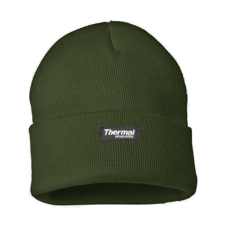 A green Insulated Watch Cap with a folded brim. The front features a small rectangular black patch with the text "Thermal Insulated" in white letters. Water-resistant and designed for warmth and comfort. This product is by Six Gun Surplus.