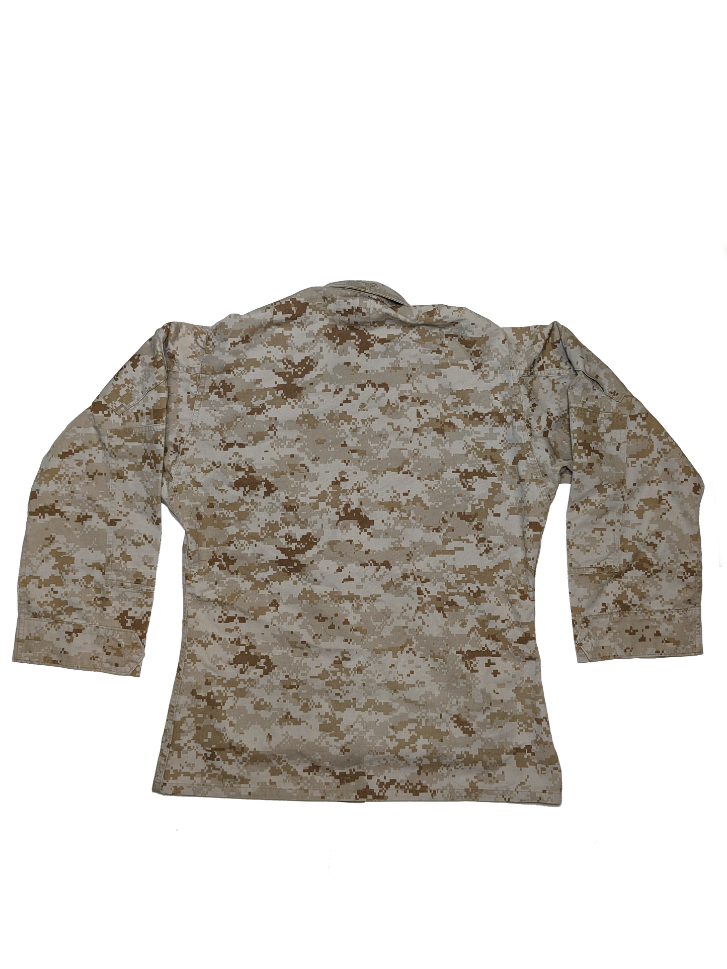 A Six Gun Surplus long-sleeve USMC Desert MARPAT Shirt, showcasing a digital camouflage pattern in shades of brown, beige, and tan. The shirt is laid flat on a black background with the back side visible.