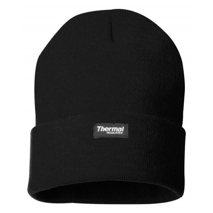 A black beanie with a folded brim is shown. The folded section features a small rectangular label with the text "Thermal Insulated" written on it in white. This Six Gun Surplus Insulated Watch Cap has a simple, classic design and appears to be made of a warm, knitted material.