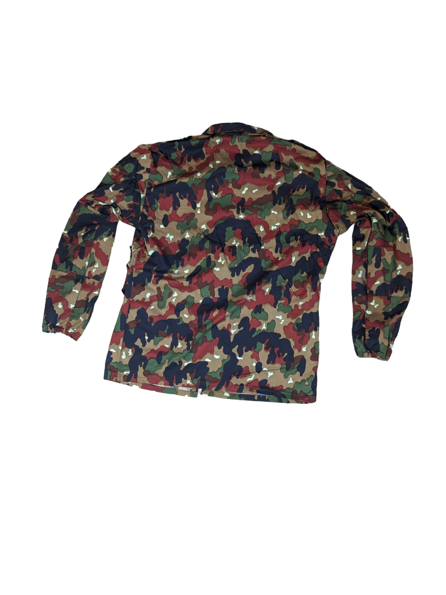 A back view of a durable, long-sleeved, button-up Swiss M83 Camo Field Shirt from Six Gun Surplus featuring a multicolored camouflage pattern in shades of green, brown, black, and beige. The shirt is laid flat against a black background.