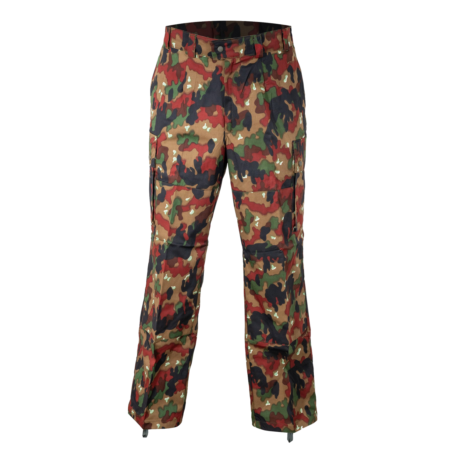 A pair of Six Gun Surplus Swiss M83 Alpenflage Field Pants featuring a pattern with shades of green, brown, black, and beige. These durable outdoor pants have multiple side pockets and reinforced knee panels, perfect for military or rugged adventures. The image has a plain black background.