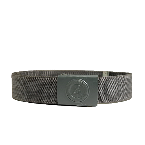 An East German Grey Combat Belt made of durable polyester with a matching grey buckle is centrally positioned. The buckle features an embossed circular logo. The design is minimalistic and modern, suitable for casual or formal wear, reminiscent of an East German Combat Belt. The belt appears neatly coiled. This product is by Six Gun Surplus.