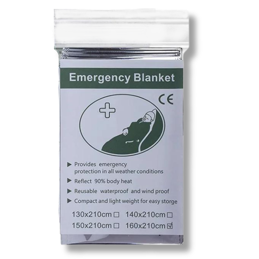 The "Emergency Mylar Thermal Blanket" by Six Gun Surplus provides emergency protection and reflects 90% of body heat for optimal retention. It is reusable, waterproof, windproof, compact, and lightweight. Dimensions available include 130x210cm, 140x210cm, 150x210cm, and 160x210cm. Ideal for inclusion in an emergency preparedness kit.