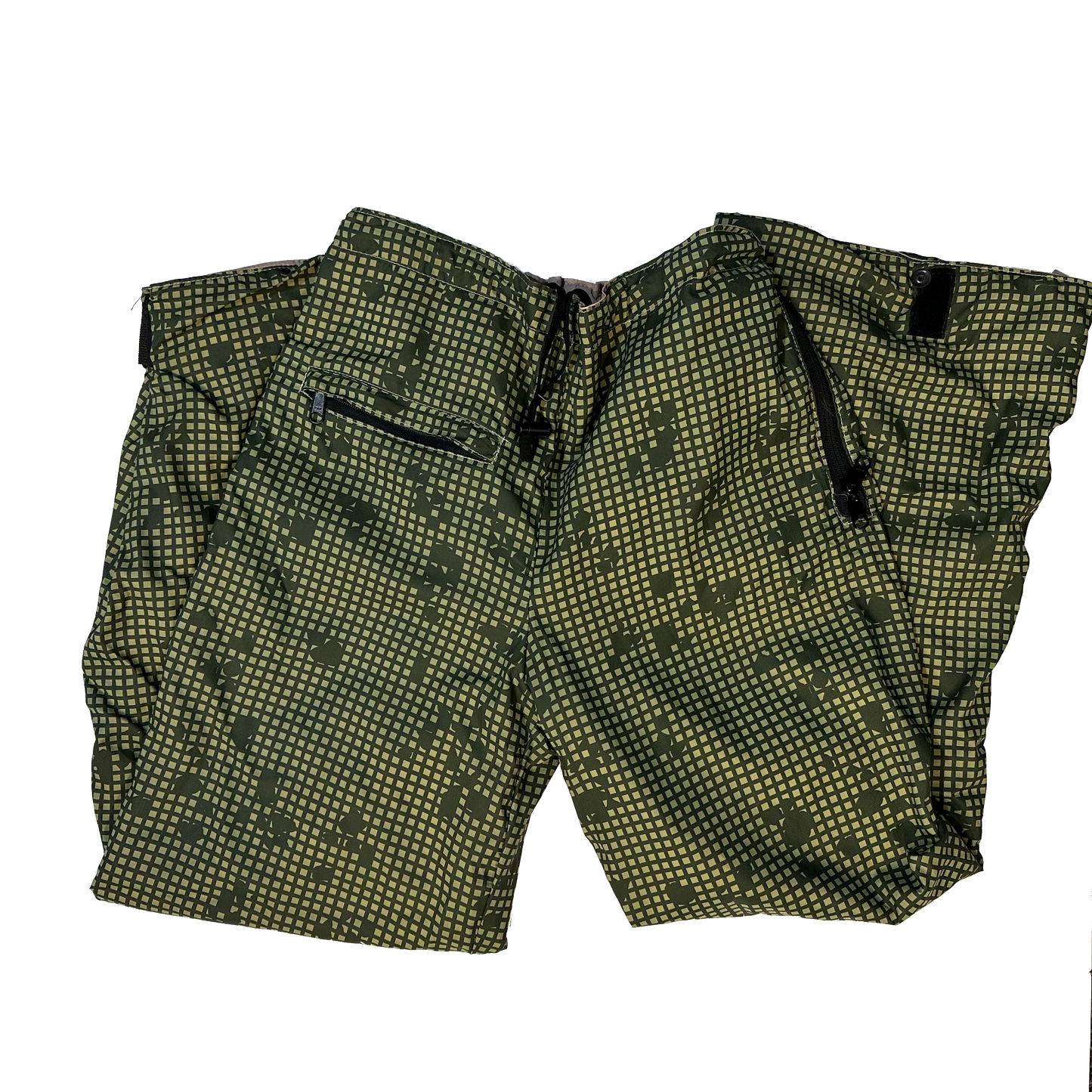 Introducing the Reversible Desert Night Camo/3 Color Desert Gore-Tex Pants from Six Gun Surplus: These pants boast a unique pixelated camouflage design in shades of green and yellow. Constructed from durable Taslite Nylon, they feature a front zipper pocket and another with striking black accents and zippers. Enhanced with a DWR treatment for added durability, the black background perfectly highlights these versatile shorts.