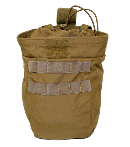 A tan tactical drawstring pouch with MOLLE webbing on the front, perfect for military and outdoor enthusiasts. The open top features a durable hook and loop closure, along with a small Velcro patch on the upper front side, inspired by the design of the Six Gun Surplus USMC Roll-up Dump Pouch.