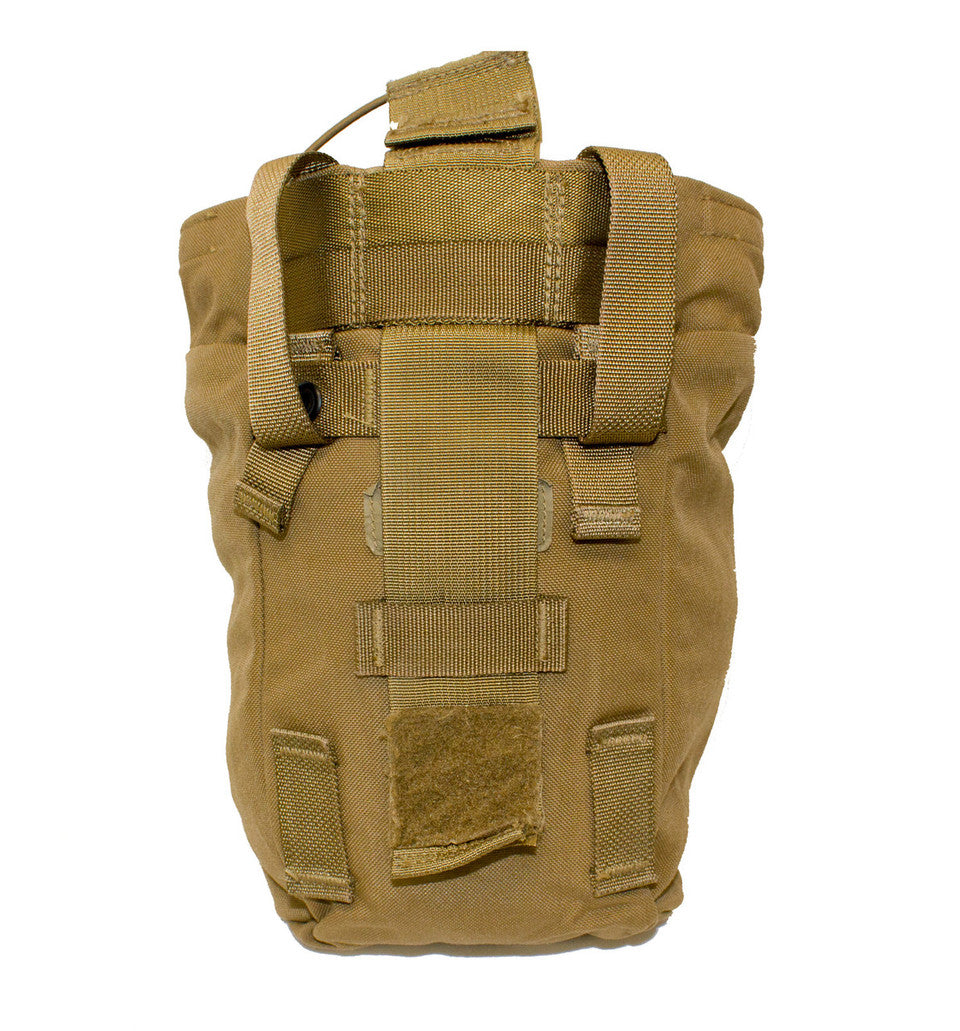 A tan USMC Roll-up Dump Pouch by Six Gun Surplus with a MOLLE attachment system, featuring durable hook and loop closures along with straps and buckles on the front and sides. It appears designed for carrying small items and attaching to larger gear, making it ideal for military and outdoor enthusiasts.