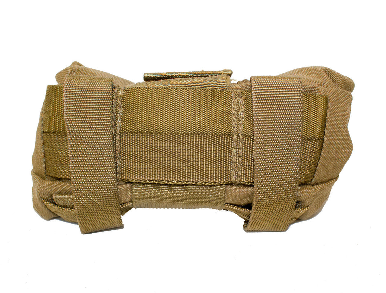 A tan-colored tactical pouch with a MOLLE (Modular Lightweight Load-carrying Equipment) attachment system, featuring two vertical straps and one horizontal strap for secure fastening to other gear. Designed for military and outdoor enthusiasts, the USMC Roll-up Dump Pouch by Six Gun Surplus boasts a compact design and durable hook and loop closure.