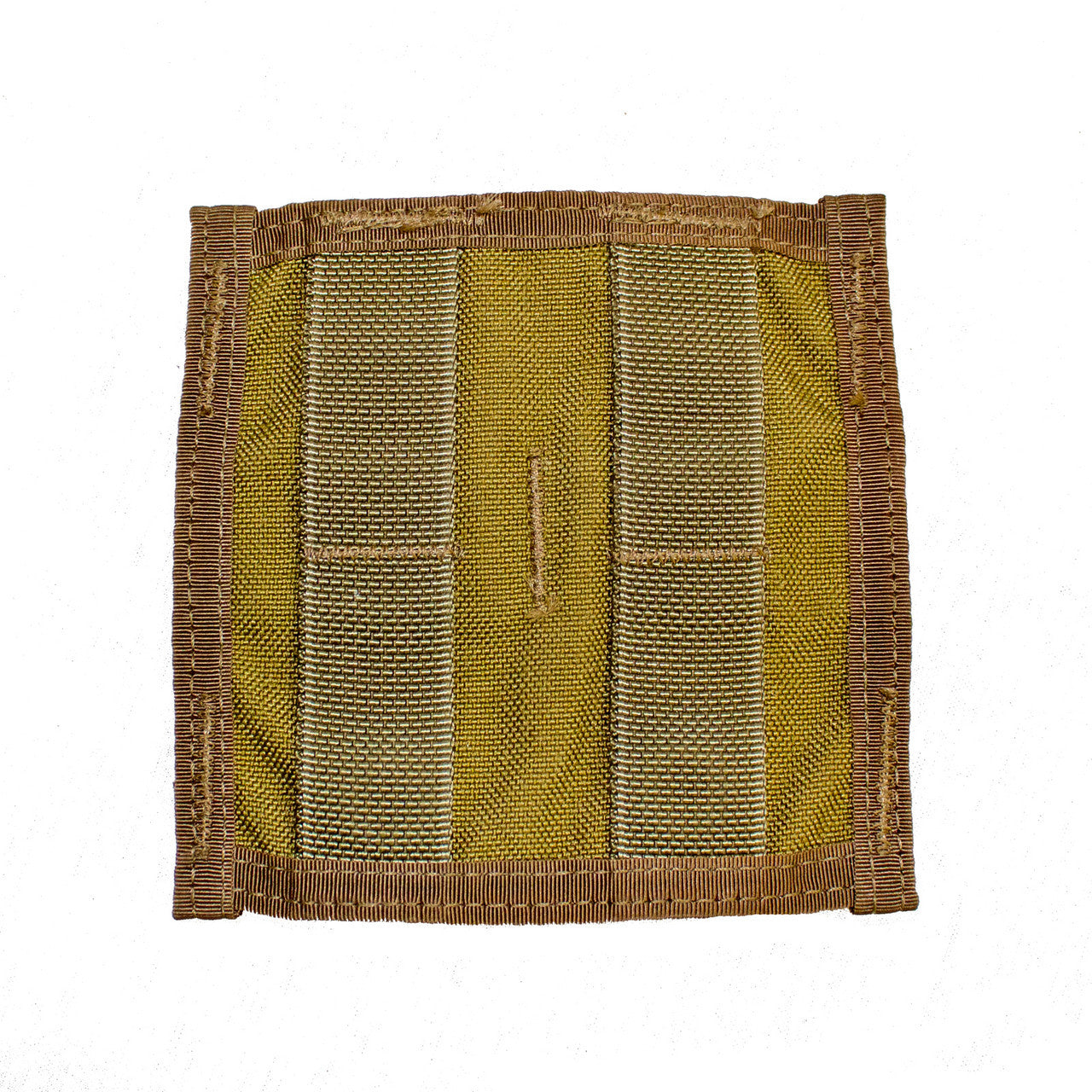 A Six Gun Surplus MOLLE Horizontal Adapter, a square piece of yellow fabric with brown edges and two vertical strips of brown and green material sewn onto it, creating durable loops. The fabric is textured, and the stitching is visible around the edges and strips, making it a versatile addition for customized storage solutions.