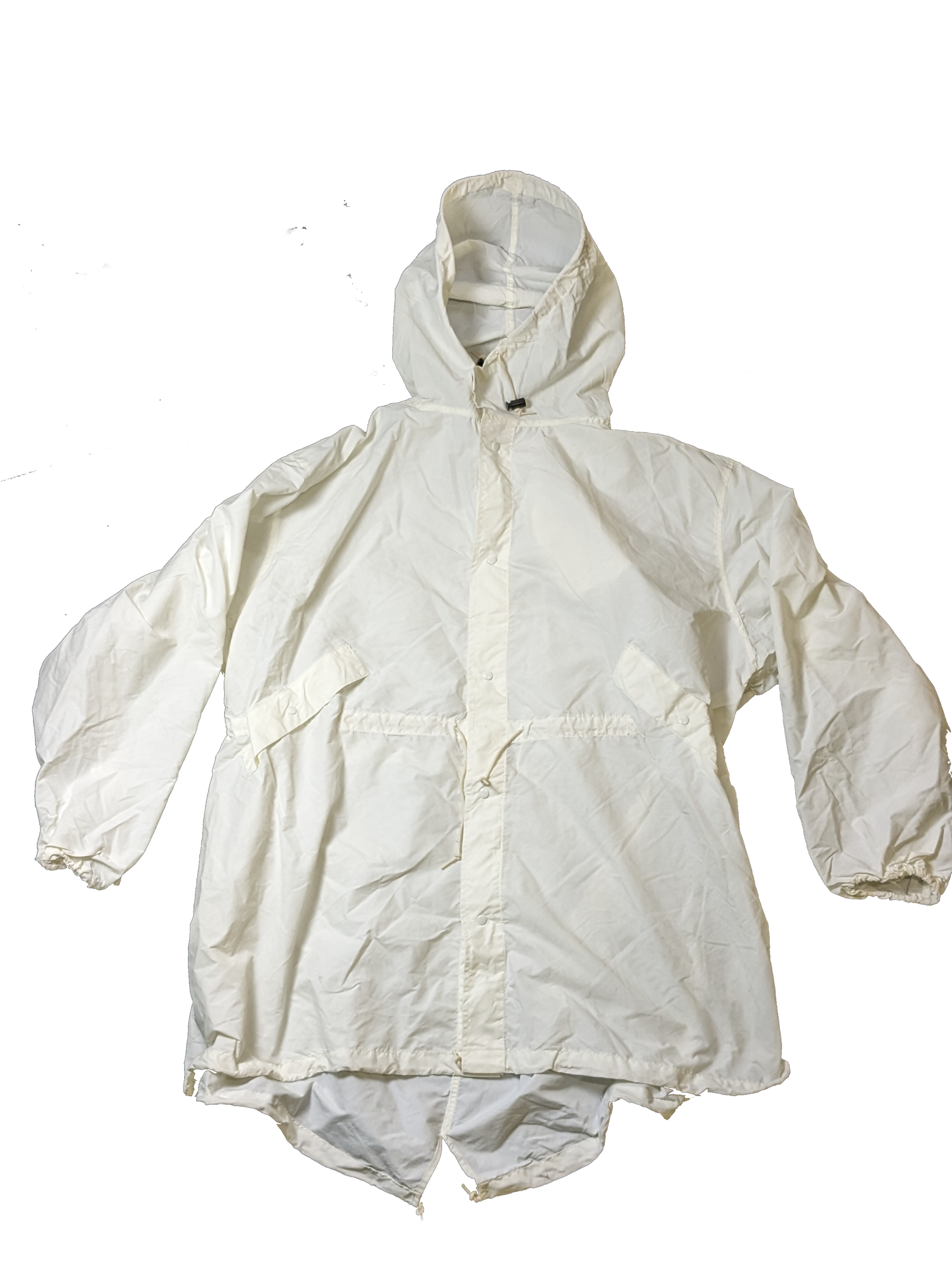 A white, hooded rain jacket made from Snow Camouflage Nylon is spread out against a black background. The US Arctic Snow Camo Parka Overwhite by Six Gun Surplus features a full front zipper, two large front pockets, elastic cuffs, and a cinched waistline for an adjustable fit. The fabric appears lightweight and waterproof, ideal for high-altitude missions.