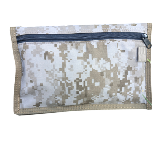 Introducing the Six Gun Surplus Map Case "RECCE pouch": a compact, rectangular map pouch showcasing a digital camouflage pattern in beige and white shades. This durable pouch features a single blue zipper along the top edge, reinforced with sturdy beige stitching. The zipper pull comes attached to a green thread loop, making it ideal for securely storing your land navigation gear.