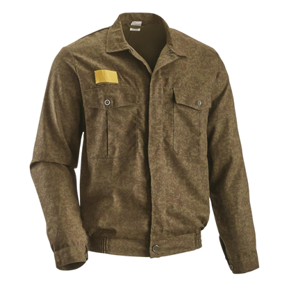 Introducing the Czech Dark Leaf Camo Field Shirt by Six Gun Surplus: A brown camo-patterned long-sleeve shirt with two front pockets and a yellow rectangular patch on the right shoulder. Designed with button closures, it's made from a durable 50/50 polyester/cotton blend and features reinforced elbows for added durability, a collar, and an elastic waistband at the bottom. The background is black.