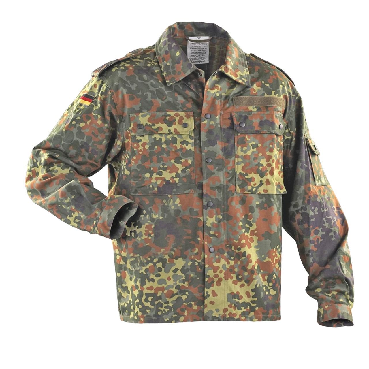 The image shows a Six Gun Surplus German Bundeswehr Flecktarn Field Shirt with a woodland camouflage pattern featuring shades of green, brown, and black. The German army issue jacket has long sleeves, several large front pockets, button closures, and a flag patch on the shoulder. It appears designed for tactical use.