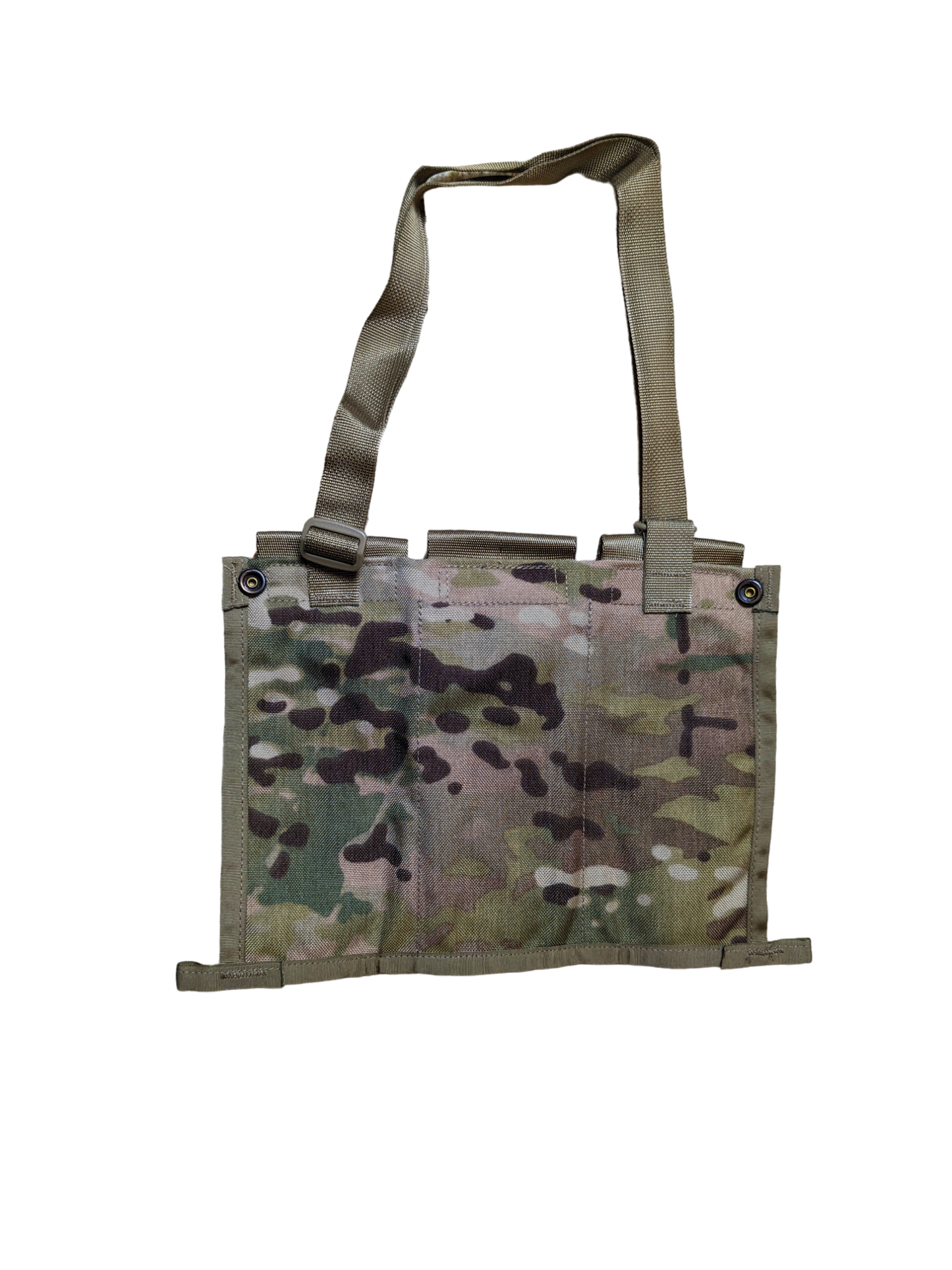 A military-style, camouflage-patterned tactical document holder with two khaki straps and an adjustable shoulder strap. The ripstop polyester shell ensures durability. The holder features button and Velcro closures at the top and sides. The background is completely black. Introducing the Unissued - US GI OCP Bandolier by Six Gun Surplus.