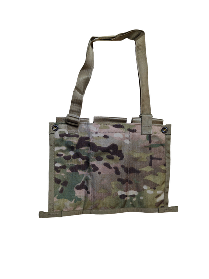 A military-style, camouflage-patterned tactical document holder with two khaki straps and an adjustable shoulder strap. The ripstop polyester shell ensures durability. The holder features button and Velcro closures at the top and sides. The background is completely black. Introducing the Unissued - US GI OCP Bandolier by Six Gun Surplus.