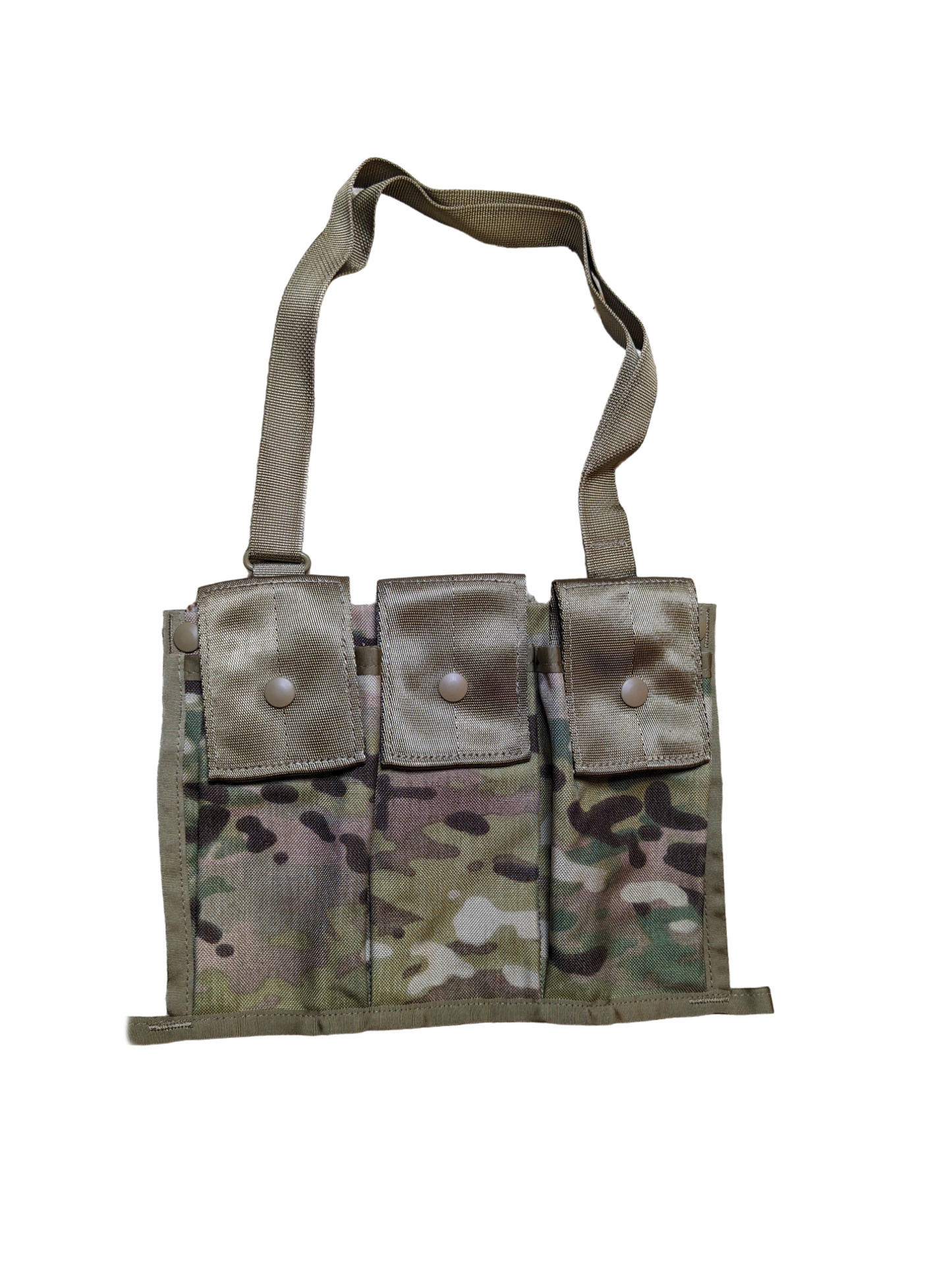 The Six Gun Surplus Unissued - US GI OCP Bandolier is an adjustable shoulder strap camouflage-patterned tactical chest rig, with three snap-button flap pouches, designed for holding equipment or ammunition. Made with a ripstop polyester shell, it features a mix of brown, green, and tan colors to blend into natural environments.