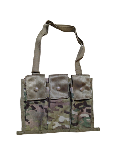 The Six Gun Surplus Unissued - US GI OCP Bandolier is an adjustable shoulder strap camouflage-patterned tactical chest rig, with three snap-button flap pouches, designed for holding equipment or ammunition. Made with a ripstop polyester shell, it features a mix of brown, green, and tan colors to blend into natural environments.