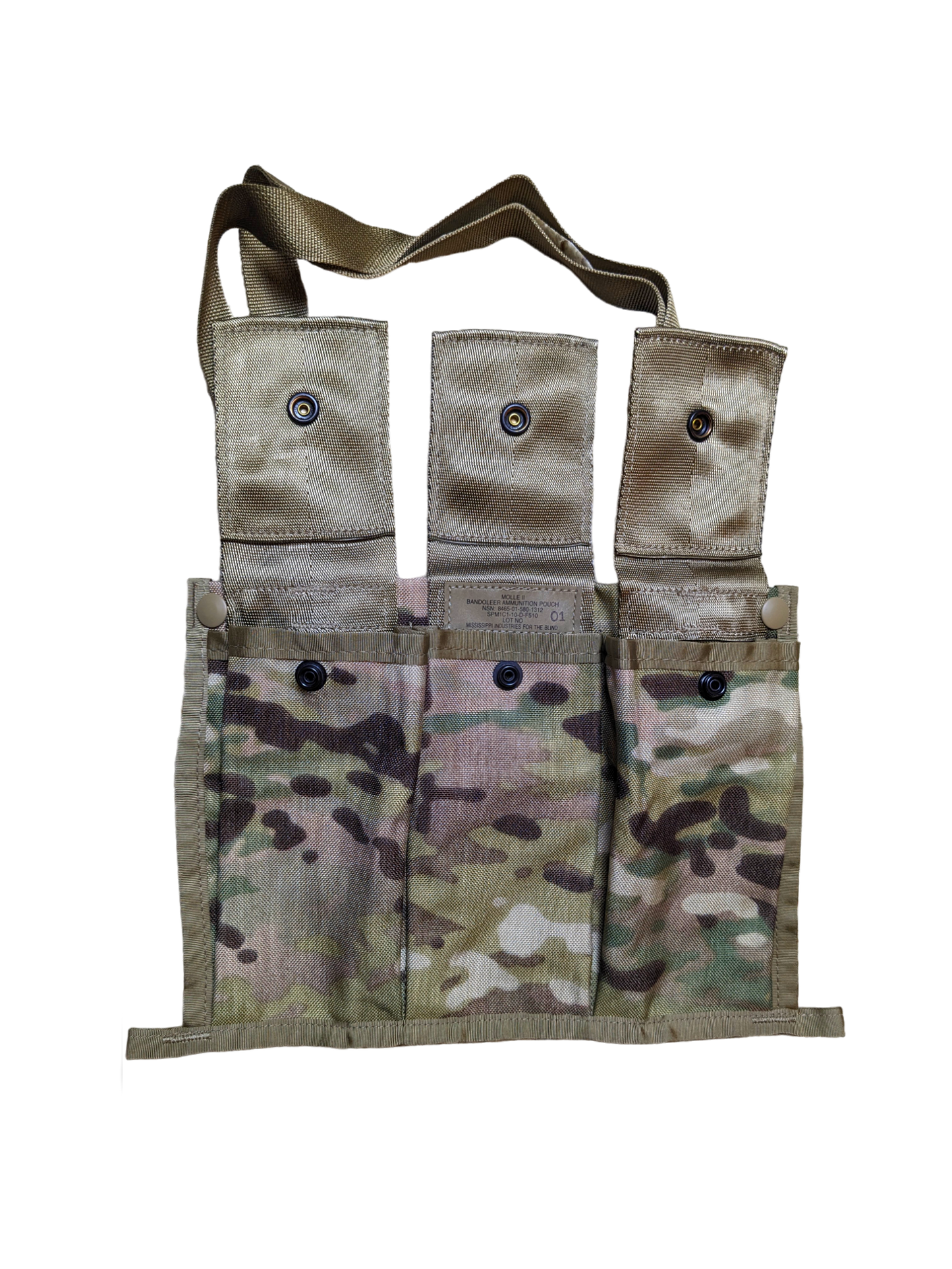 Introducing the Six Gun Surplus Unissued - US GI OCP Bandolier: a tactical multi-cam chest rig with three open compartments, each featuring a snap-button closure flap. Made with a ripstop polyester shell in beige and green camouflage, it's designed for military or outdoor use. The rig includes an adjustable shoulder strap for fitting.