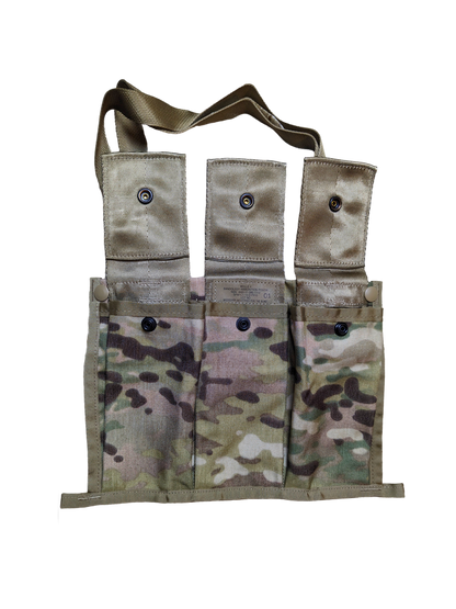 Introducing the Six Gun Surplus Unissued - US GI OCP Bandolier: a tactical multi-cam chest rig with three open compartments, each featuring a snap-button closure flap. Made with a ripstop polyester shell in beige and green camouflage, it's designed for military or outdoor use. The rig includes an adjustable shoulder strap for fitting.