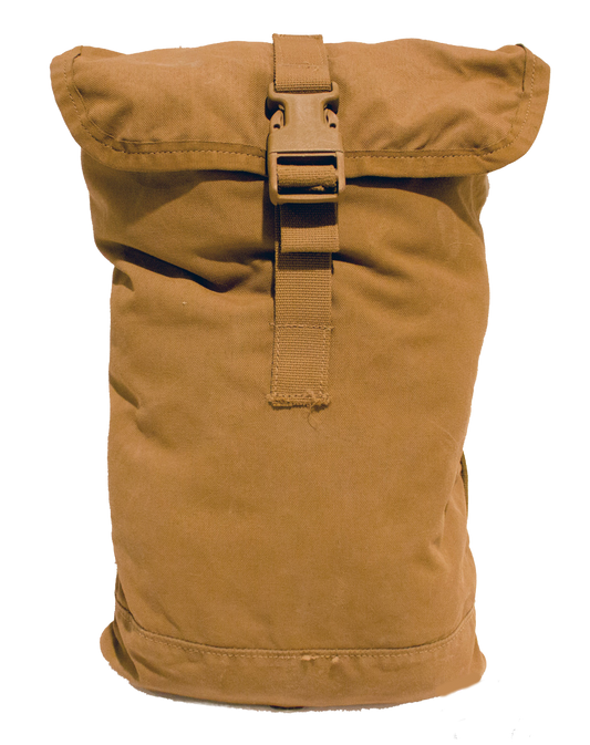 The FILBE Hydration Pouch by Six Gun Surplus is a sturdy and functional brown, rolled-top canvas backpack. It features a beige buckle strap securing the top flap, making it ideal for outdoor activities or casual use. The rugged texture of the material gives it a durable and rustic look.