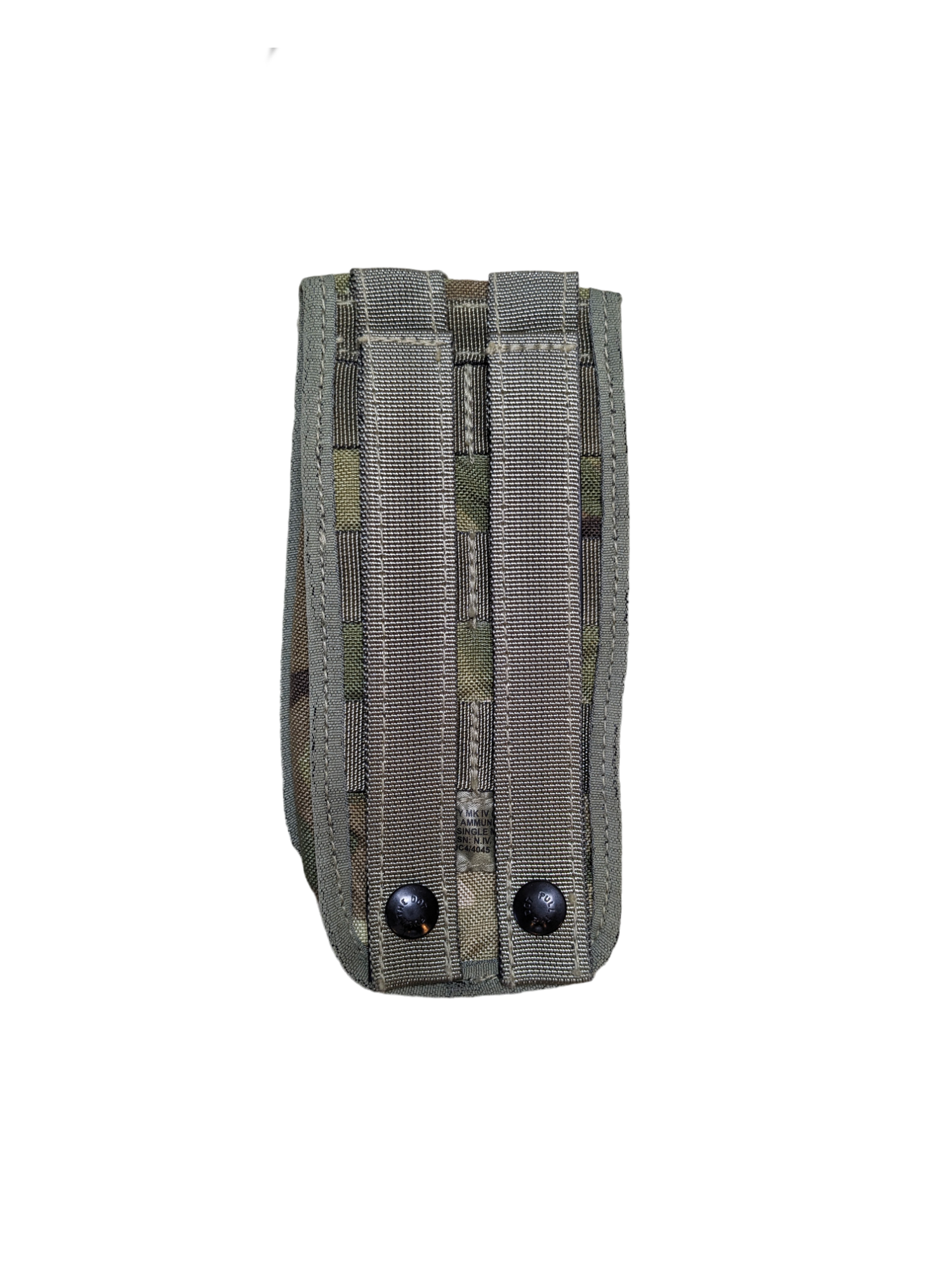 A British MTP Single Rifle Magazine Pouch from Six Gun Surplus with two vertical MOLLE straps and black snap buttons on the front. This rifle magazine pouch is designed for attaching to backpacks or vests and is pictured against a solid black background.