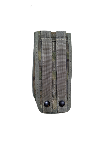 A British MTP Single Rifle Magazine Pouch from Six Gun Surplus with two vertical MOLLE straps and black snap buttons on the front. This rifle magazine pouch is designed for attaching to backpacks or vests and is pictured against a solid black background.