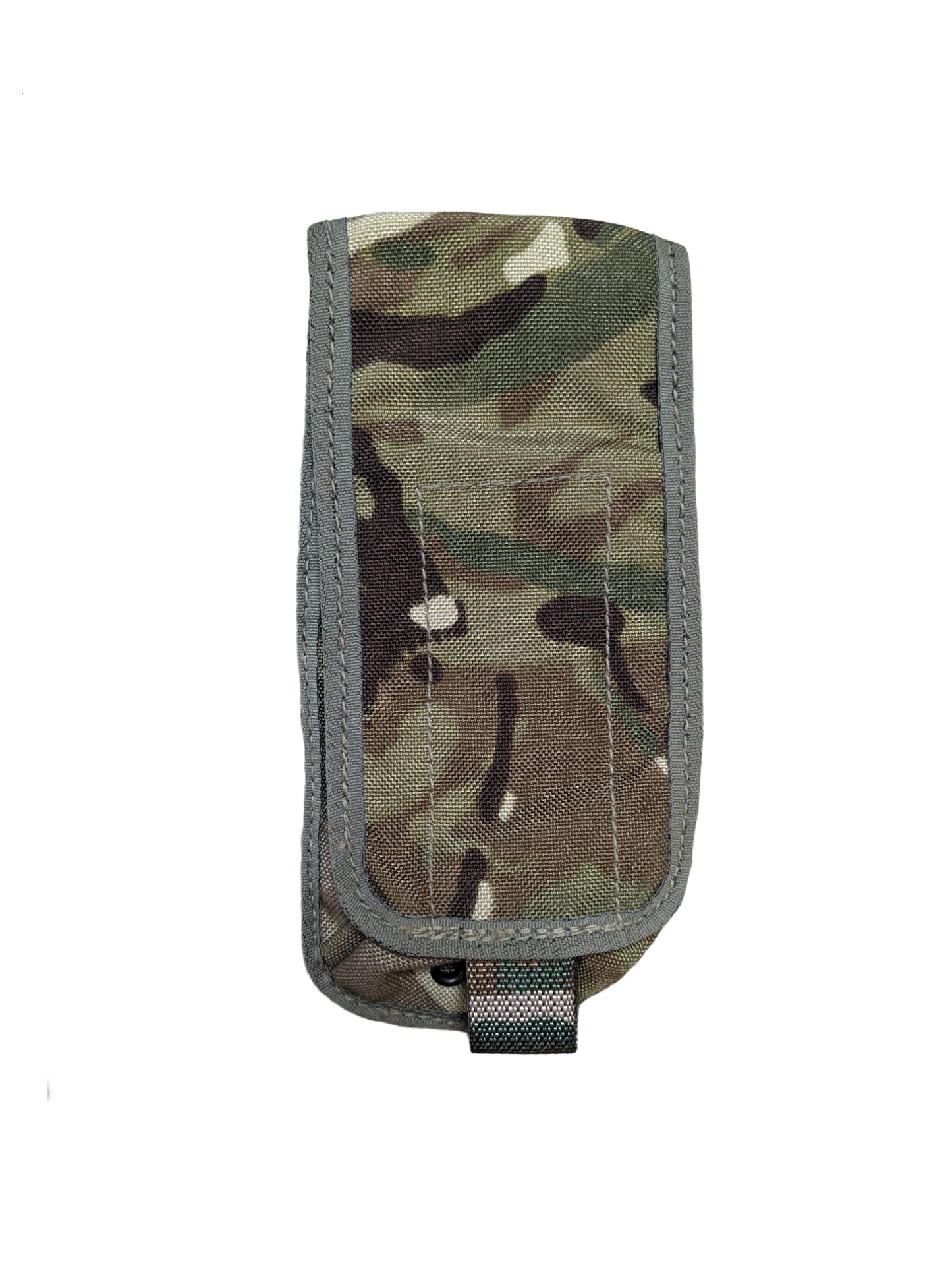 A Six Gun Surplus British MTP Single Rifle Magazine Pouch with a fabric loop at the bottom and a textured gray border, likely for outdoor or tactical use. Featuring British MTP Camo, it has MOLLE straps for secure attachment. The flap is closed, concealing the pouch's contents.