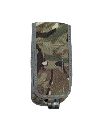 A Six Gun Surplus British MTP Single Rifle Magazine Pouch with a fabric loop at the bottom and a textured gray border, likely for outdoor or tactical use. Featuring British MTP Camo, it has MOLLE straps for secure attachment. The flap is closed, concealing the pouch's contents.