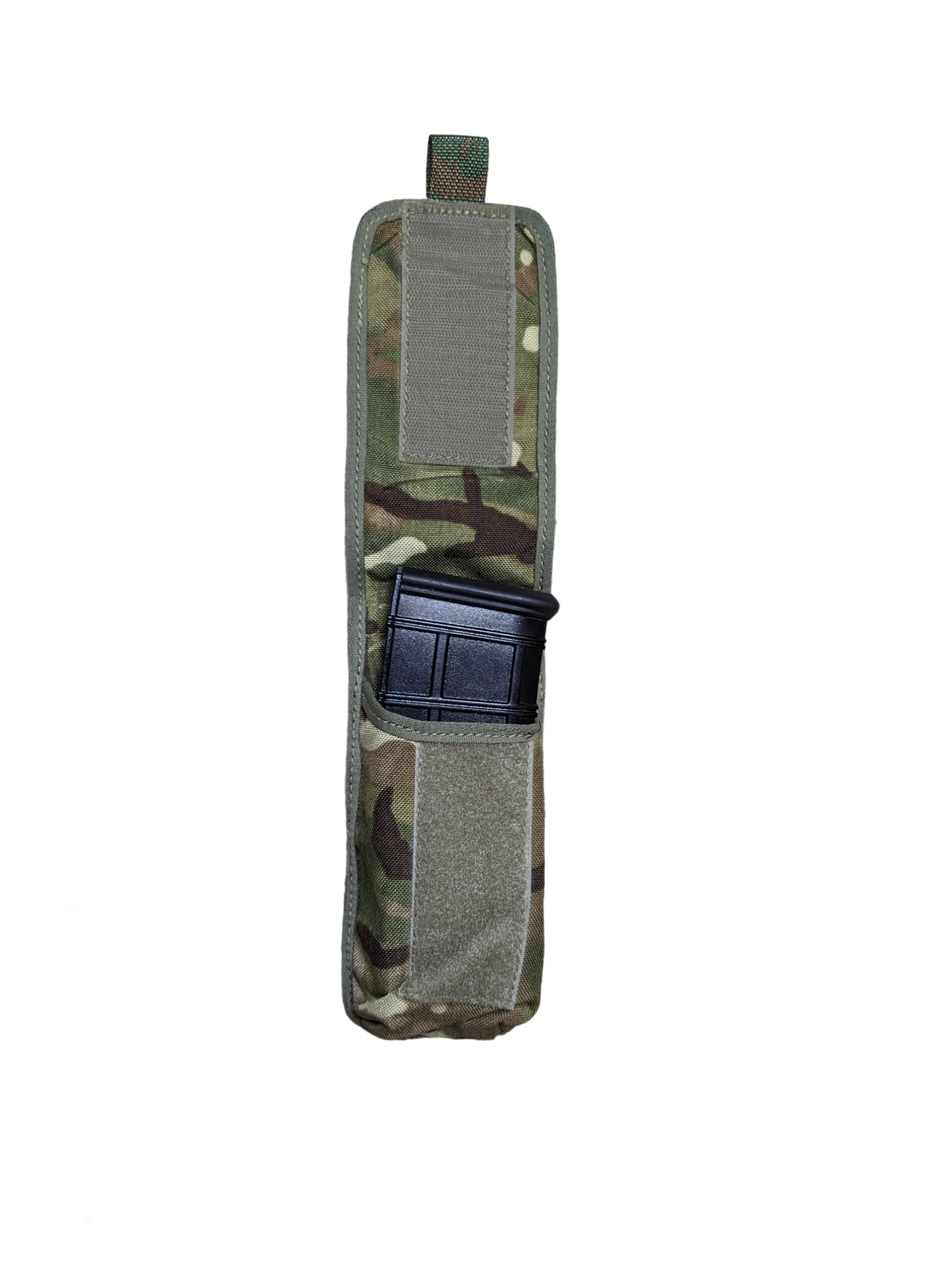 A Six Gun Surplus British MTP Single Rifle Magazine Pouch with a velcro closure strap, containing a black rifle magazine, is displayed against a solid black background.