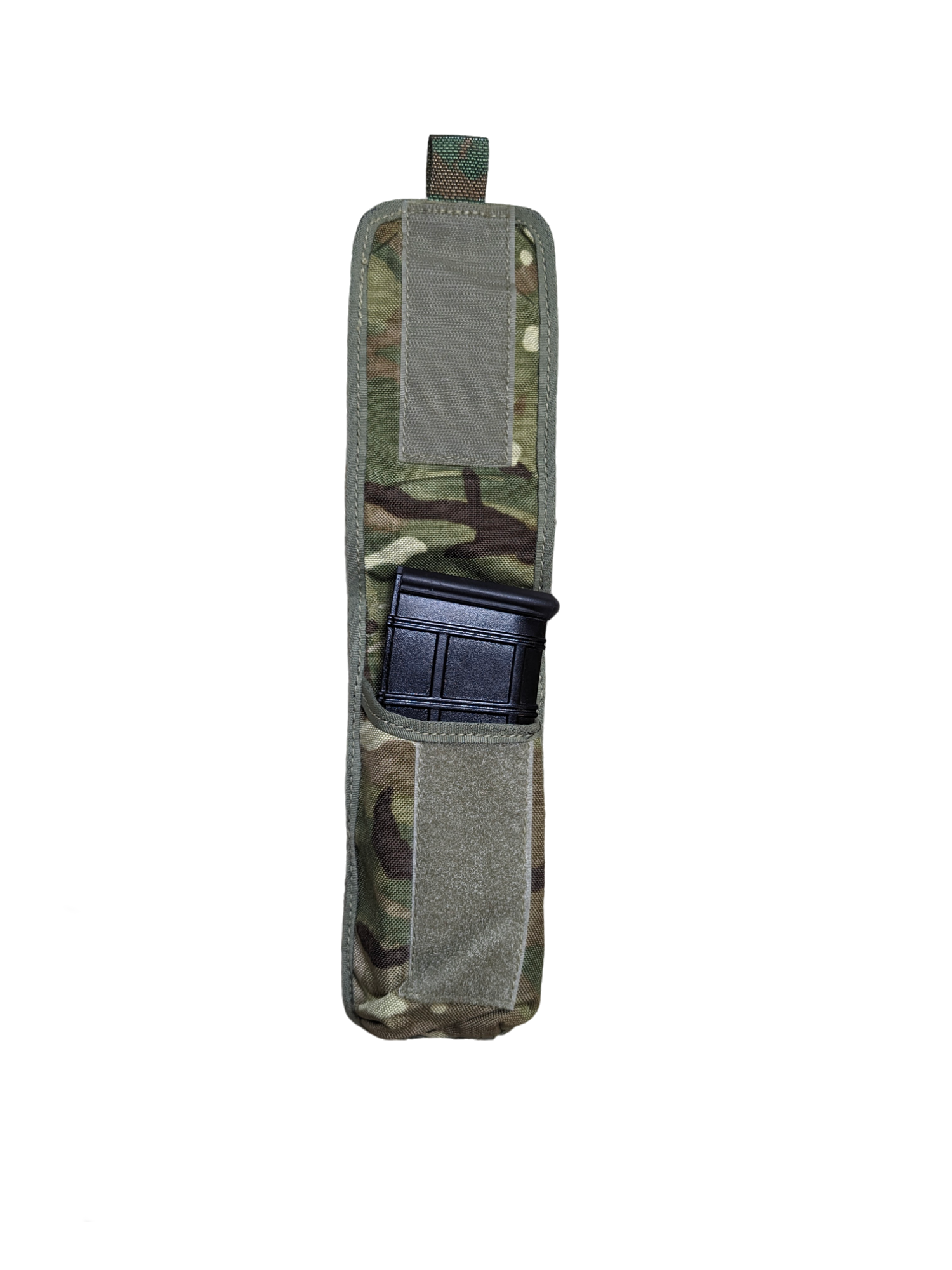 A Six Gun Surplus British MTP Single Rifle Magazine Pouch with a velcro closure strap, containing a black rifle magazine, is displayed against a solid black background.