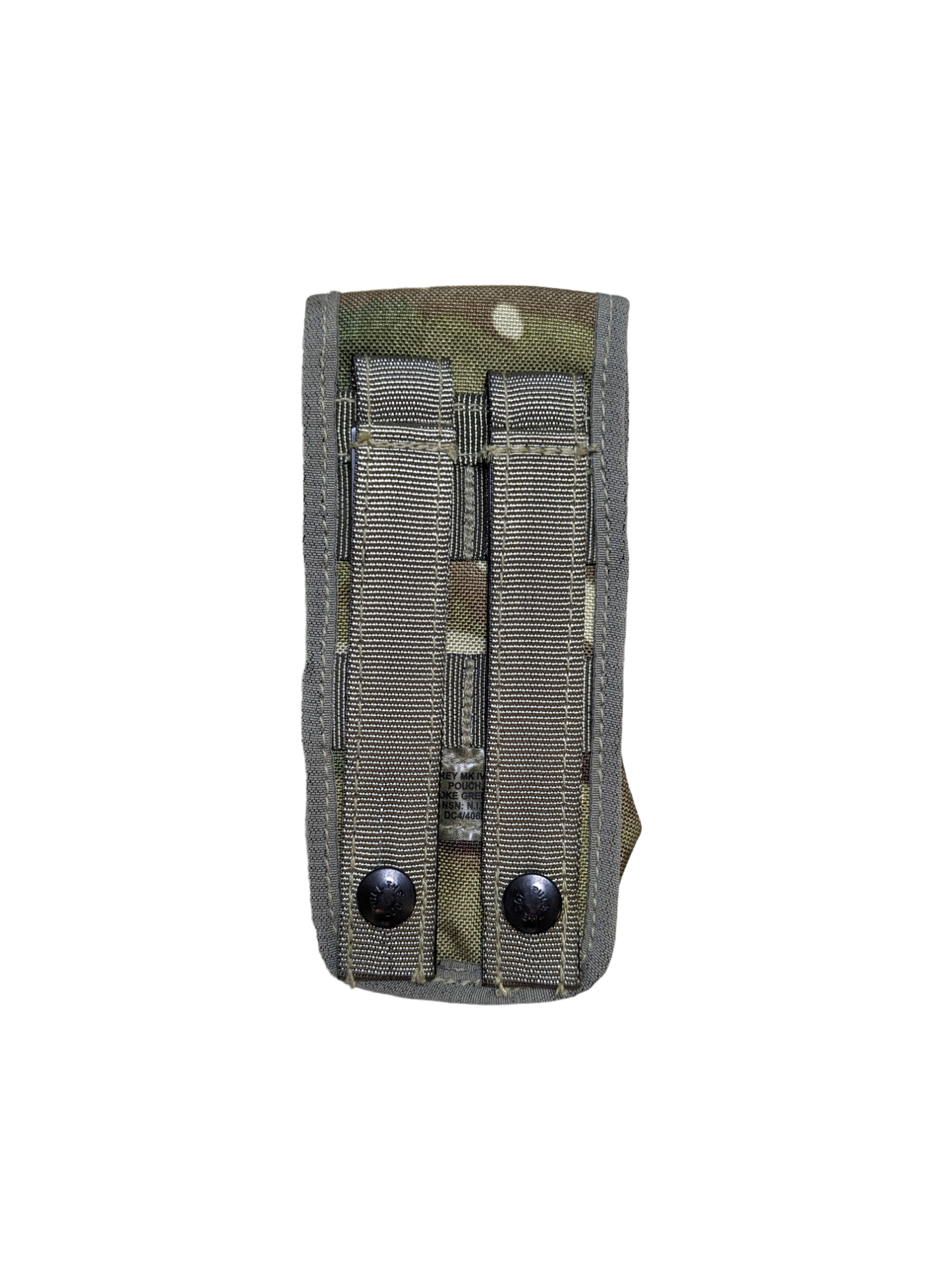 A camouflage-patterned Six Gun Surplus British MTP Smoke Grenade Pouch made of durable fabric against a black background. The pouch, compatible with MOLLE systems, has two vertical straps with metal snaps for attachment, and stitching is visible along the edges and seams.