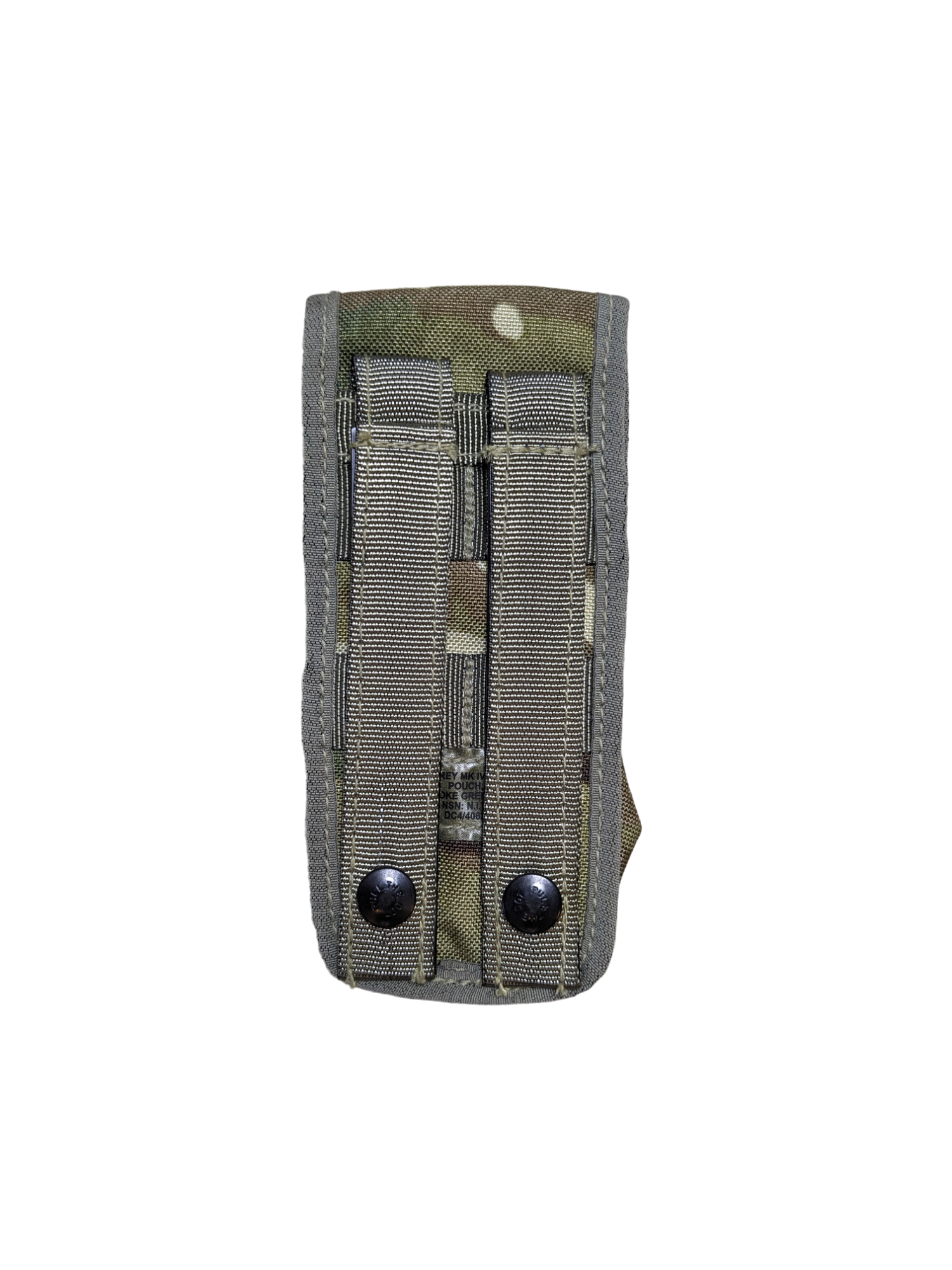 A camouflage-patterned Six Gun Surplus British MTP Smoke Grenade Pouch made of durable fabric against a black background. The pouch, compatible with MOLLE systems, has two vertical straps with metal snaps for attachment, and stitching is visible along the edges and seams.