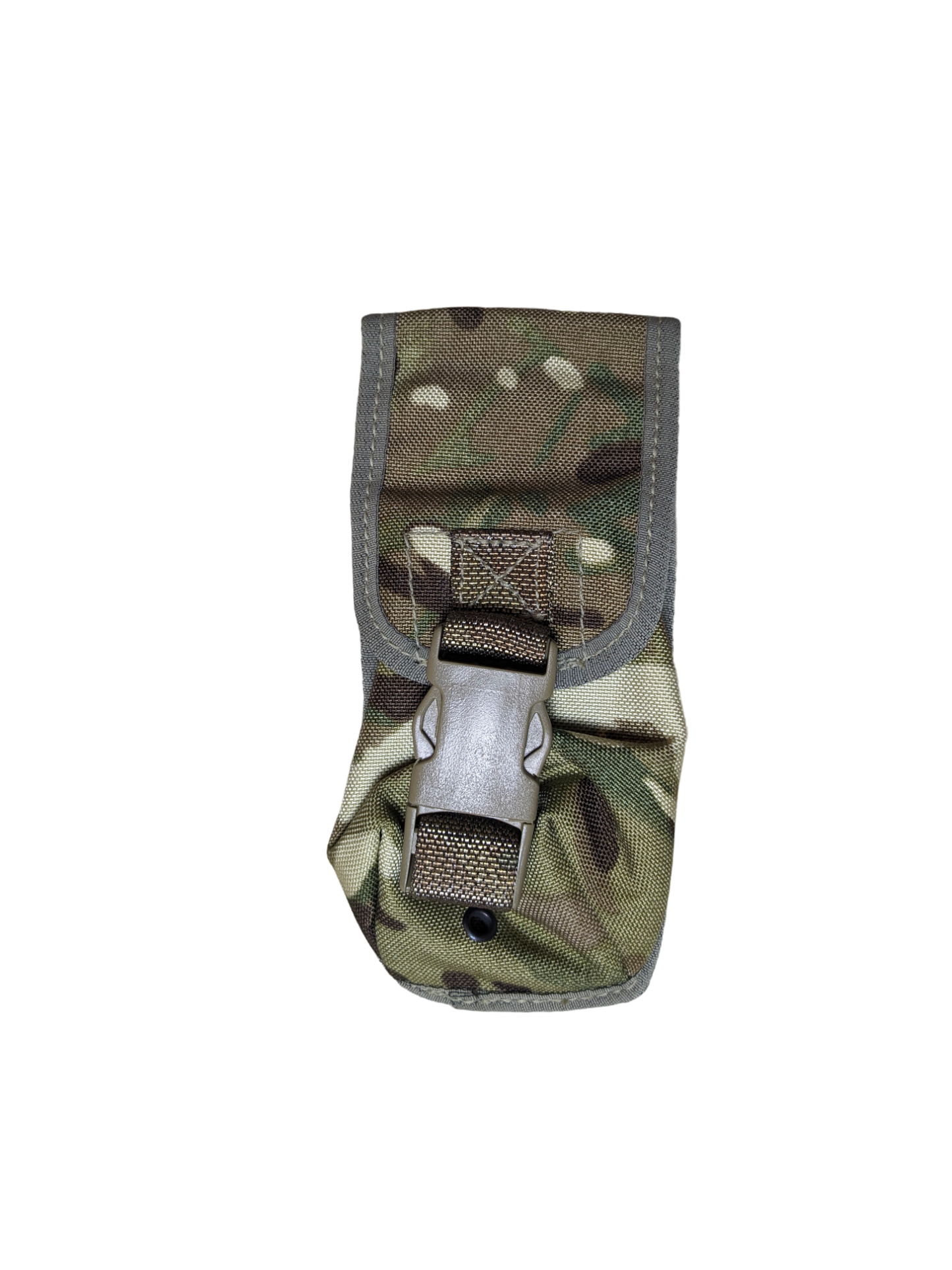 A small, Six Gun Surplus British MTP Smoke Grenade Pouch with a secure buckle closure. The Osprey MK IV features a flap cover and is designed for attaching to gear with MOLLE systems. The camouflage design incorporates green, brown, and beige tones.