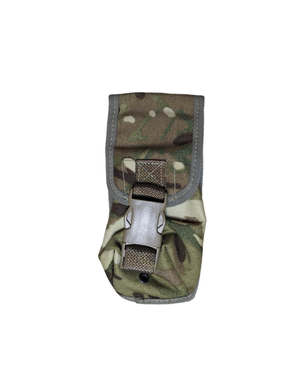 A small, Six Gun Surplus British MTP Smoke Grenade Pouch with a secure buckle closure. The Osprey MK IV features a flap cover and is designed for attaching to gear with MOLLE systems. The camouflage design incorporates green, brown, and beige tones.