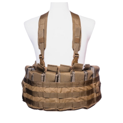 The Unissued US Marine Corps TAP Chest Rig Kit by Six Gun Surplus is showcased on a white mannequin torso in its brown variant. This chest rig includes multiple MOLLE pouches and adjustable straps, meticulously designed to hold accessories and gear securely. Constructed from durable, rugged materials, it is perfect for rigorous outdoor or tactical activities.