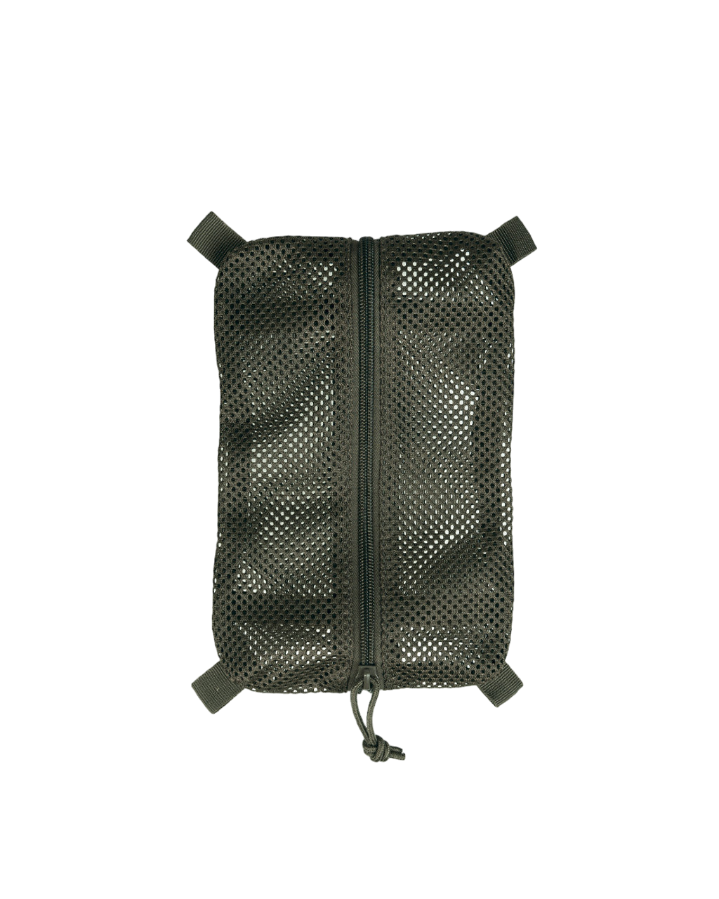 A black Six Gun Surplus MIL-TEC® OD MESH BAG W/VELCRO lies flat against a plain background. The pouch has a mesh design with visible holes and a central zipper closure. Fabric tabs at each corner add to its functionality, making it ideal for outdoor gear storage or easy handling.