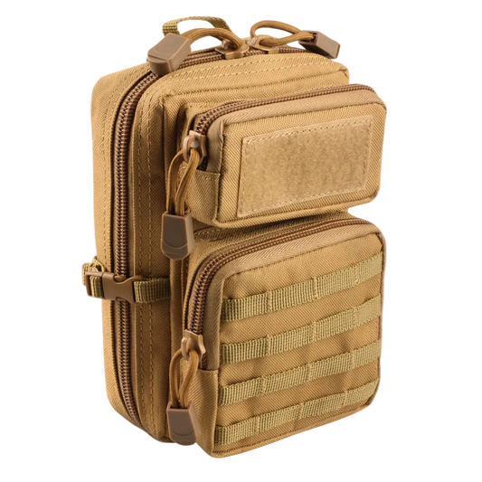 Tan tactical pouch with multiple zippers on a white background
