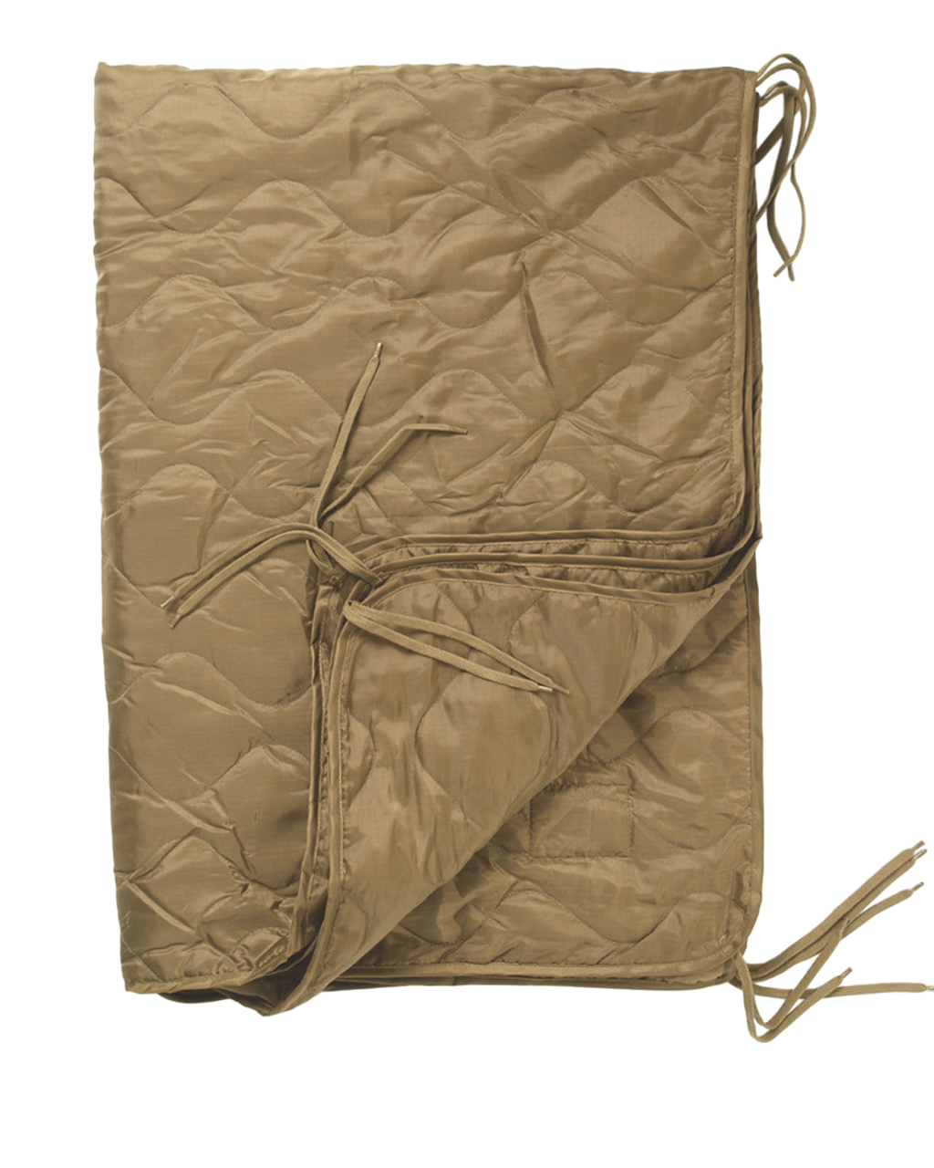 An olive-green, military-style MIL-TEC® Poncho Liner - New with a quilted design is laid flat. The liner, essential military gear from Six Gun Surplus, has multiple ties on the edges for securing or folding. One corner is partially folded over, showcasing its interior texture that provides insulation and protection.