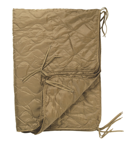 An olive-green, military-style MIL-TEC® Poncho Liner - New with a quilted design is laid flat. The liner, essential military gear from Six Gun Surplus, has multiple ties on the edges for securing or folding. One corner is partially folded over, showcasing its interior texture that provides insulation and protection.