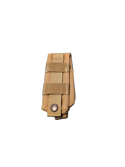 Tan tactical magazine pouch on a black background