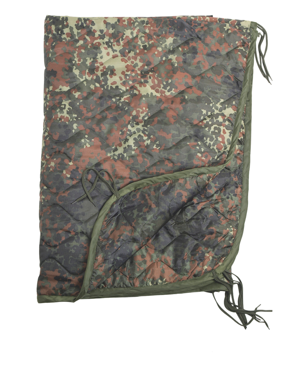 A folded military-style camouflage Six Gun Surplus MIL-TEC® Poncho Liner - New with green, brown, and gray color patterns. The edges have green binding, and several green strings are attached for tying. One corner is partially unfolded, revealing the inner side for added insulation and protection.