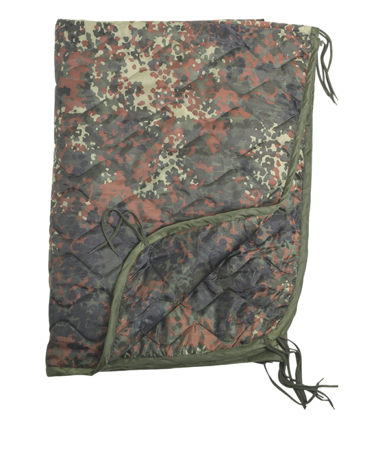 A folded military-style camouflage Six Gun Surplus MIL-TEC® Poncho Liner - New with green, brown, and gray color patterns. The edges have green binding, and several green strings are attached for tying. One corner is partially unfolded, revealing the inner side for added insulation and protection.