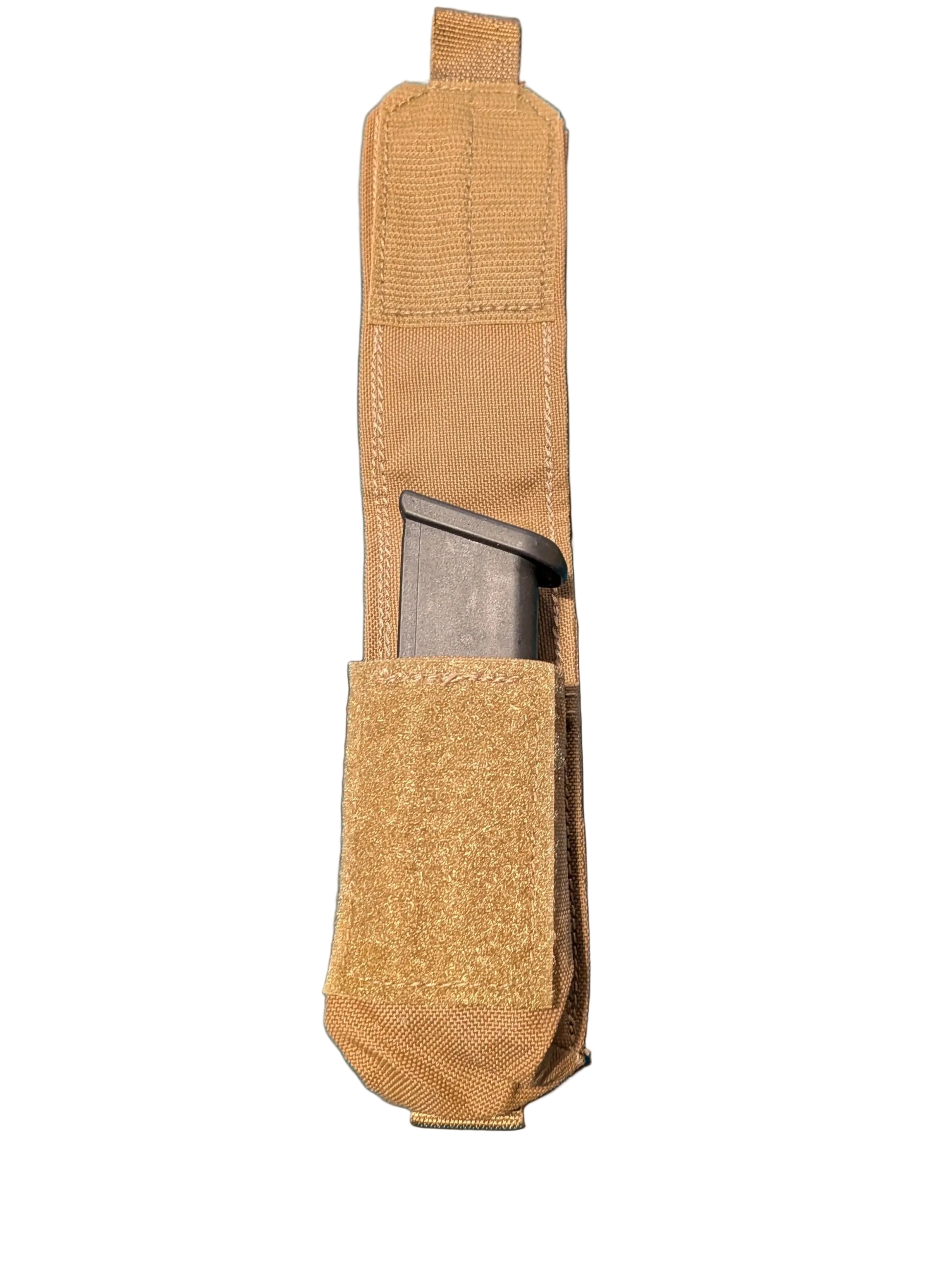 Tan tactical magazine pouch with a magazine inside on a black background