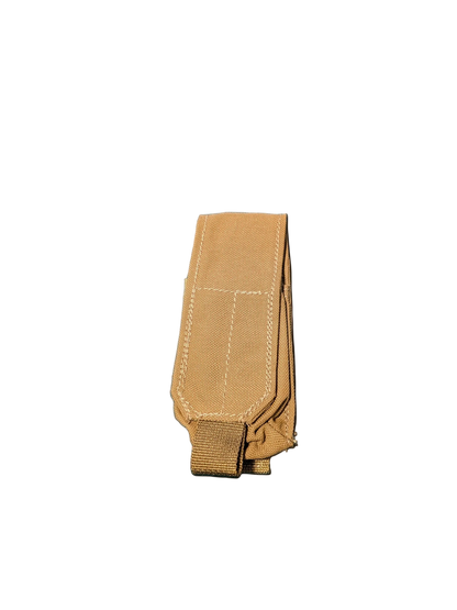 Tan tactical pouch on a black background
