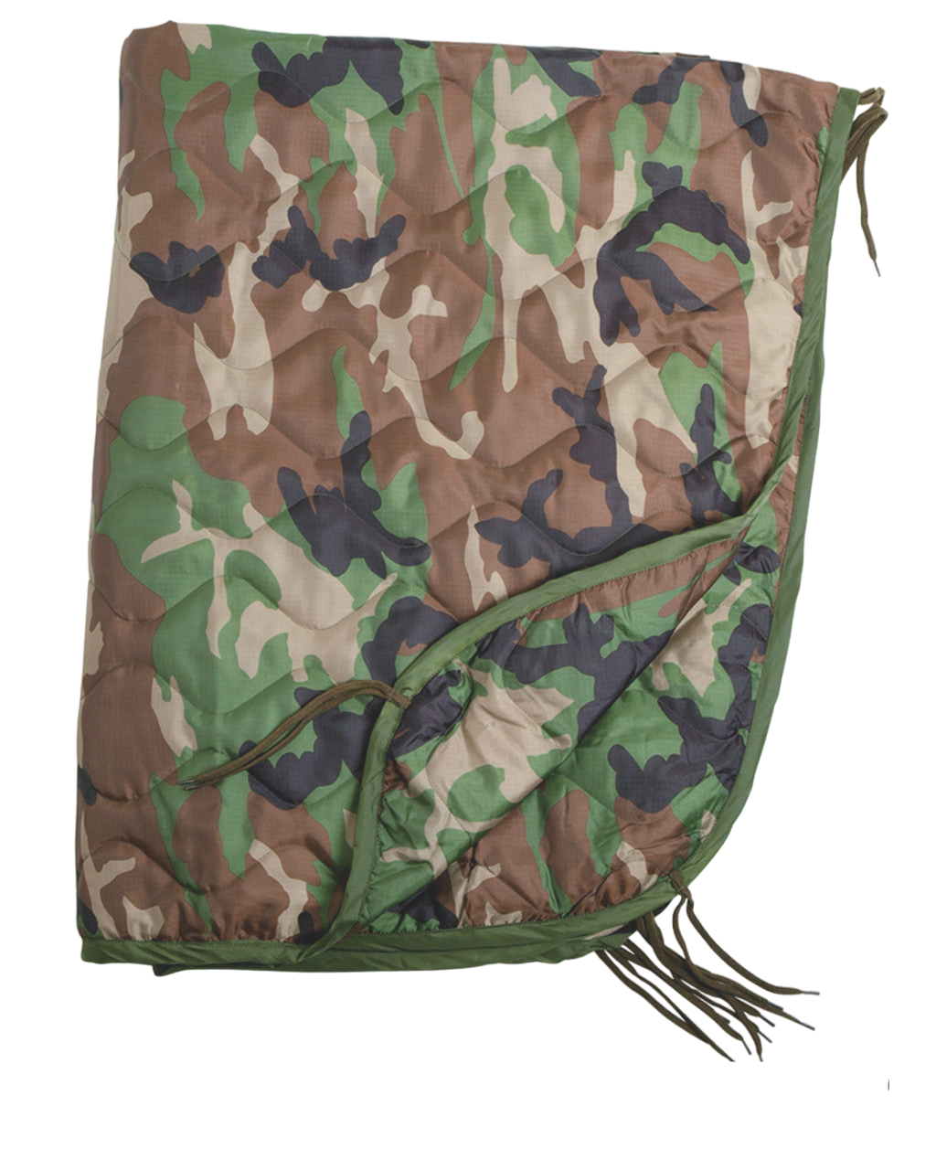 The MIL-TEC® Poncho Liner - New from Six Gun Surplus features a camouflage pattern in green, brown, tan, and black colors. It has edges trimmed with green fabric and includes strings for securing it when folded. This military gear provides superior insulation.