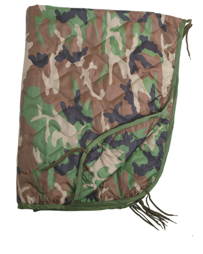 The MIL-TEC® Poncho Liner - New from Six Gun Surplus features a camouflage pattern in green, brown, tan, and black colors. It has edges trimmed with green fabric and includes strings for securing it when folded. This military gear provides superior insulation.