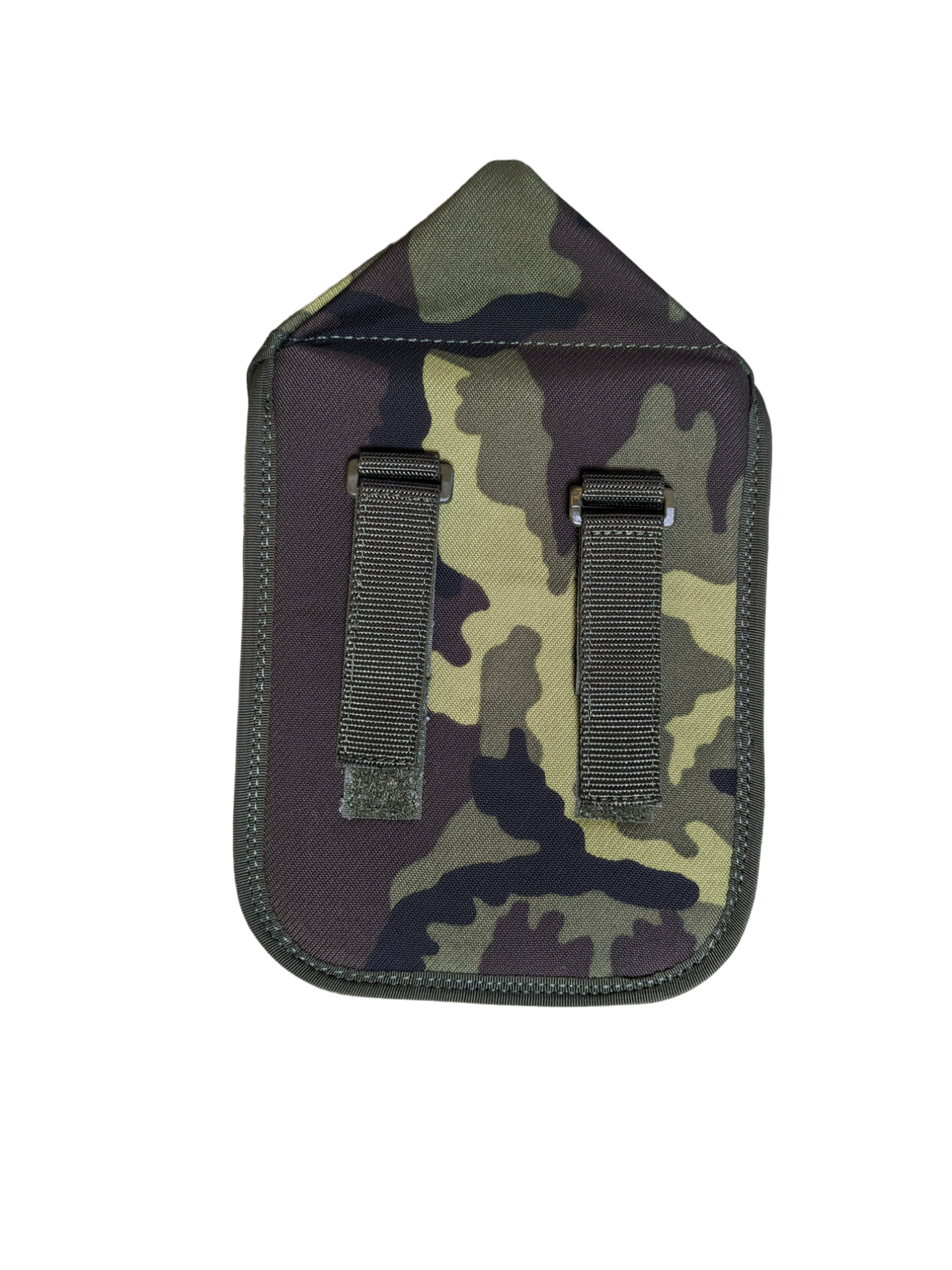 A small Six Gun Surplus Czech M95 Camo MOLLE Shovel Cover with a camouflage pattern, featuring a triangular flap at the top and two black straps on the back. This Six Gun Surplus military surplus shovel cover is designed for attachment to a belt or larger gear system. The background is solid black.