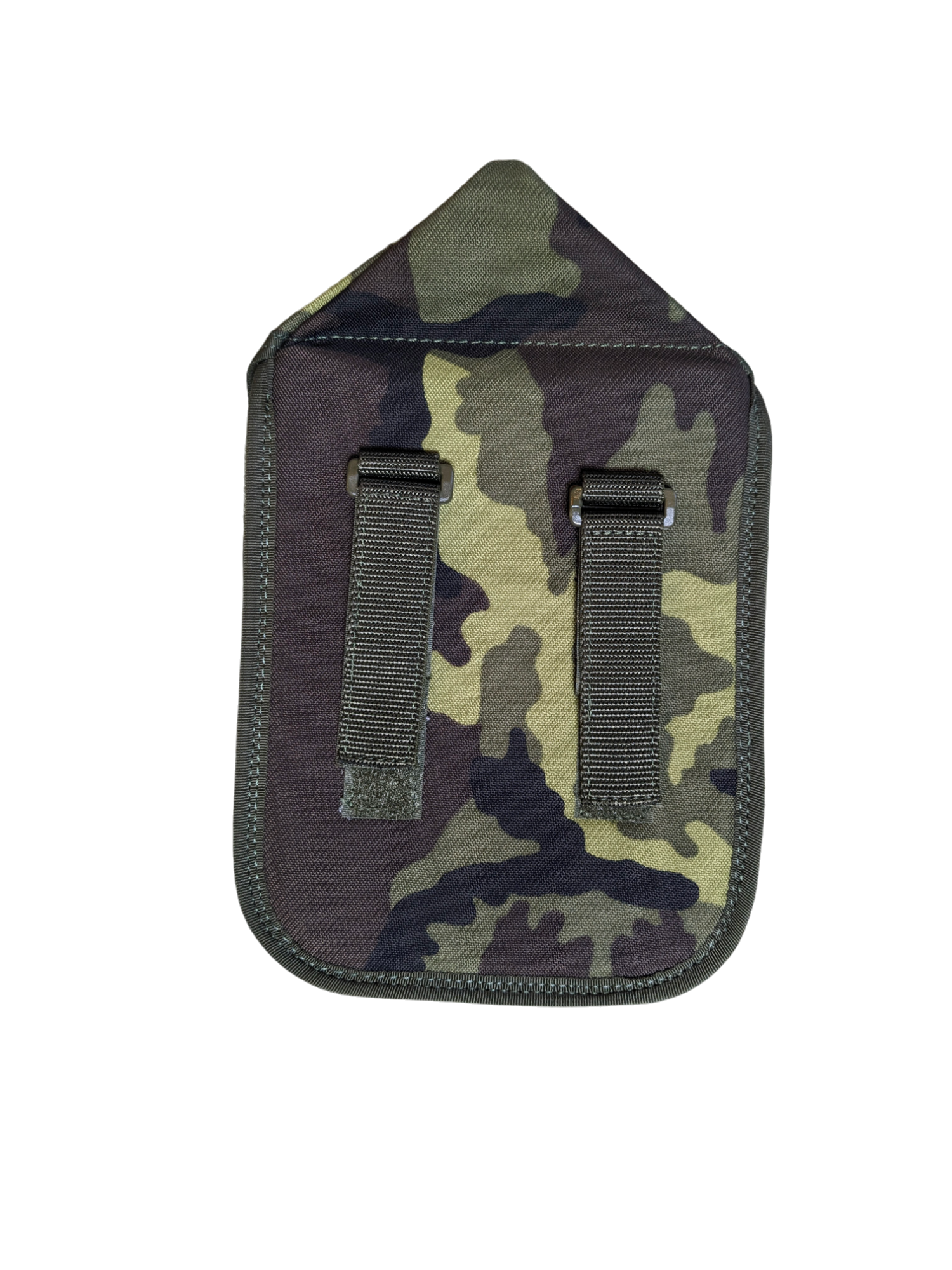 A small Six Gun Surplus Czech M95 Camo MOLLE Shovel Cover with a camouflage pattern, featuring a triangular flap at the top and two black straps on the back. This Six Gun Surplus military surplus shovel cover is designed for attachment to a belt or larger gear system. The background is solid black.