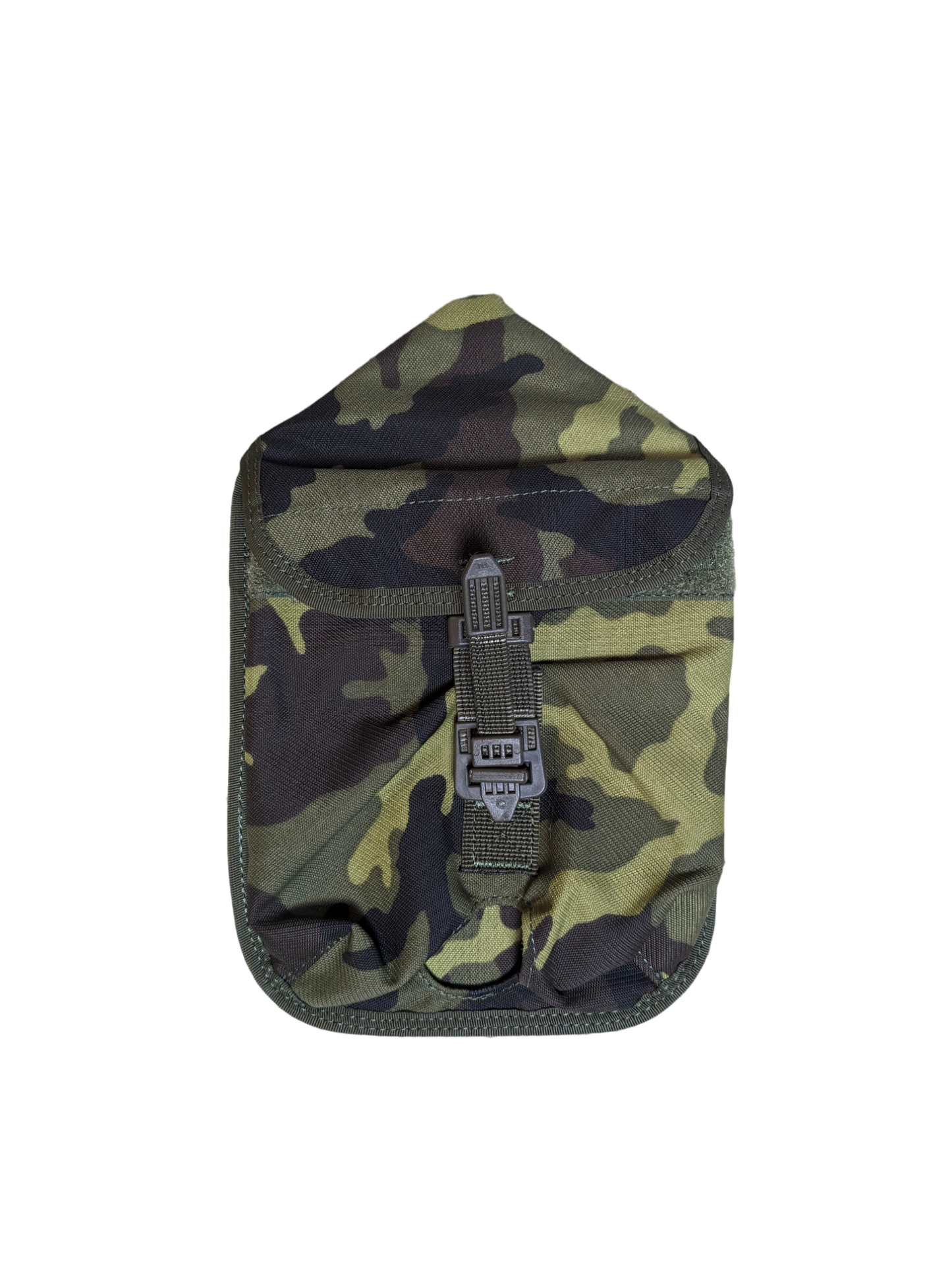 A camouflage-patterned pouch with a flap secured by a buckle on a black background. The pouch, designed in green, brown, and black shades typical of military camo, serves as a Czech M95 Camo MOLLE Shovel Cover from Six Gun Surplus.