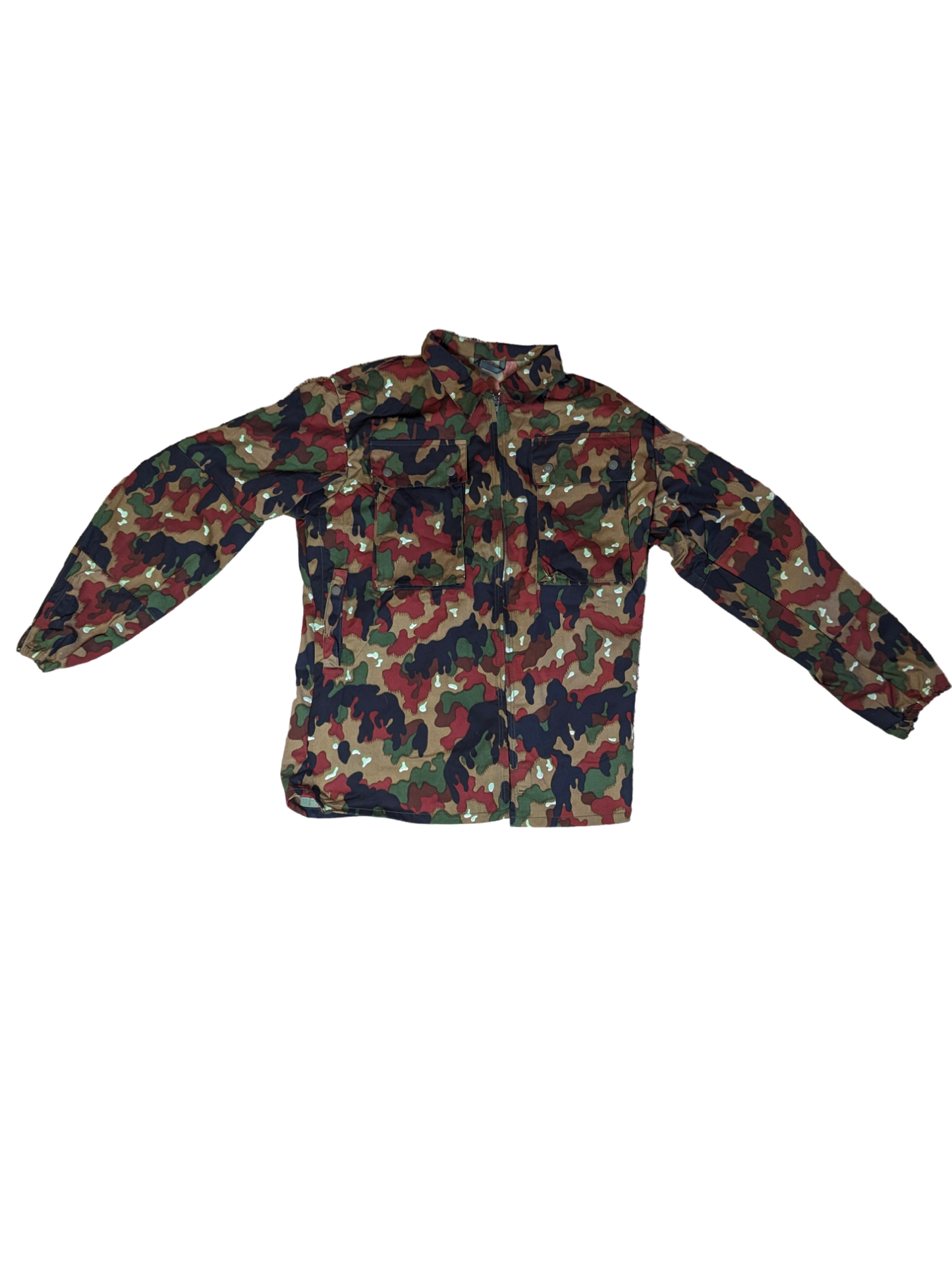A durable, long-sleeve **Swiss M83 Camo Field Shirt** by **Six Gun Surplus**, featuring shades of green, brown, and black with functional front pockets on each side of the chest. The shirt is displayed against a solid black background.
